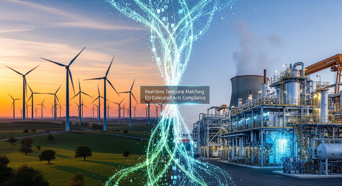 Conceptual visualization of temporal correlation between wind energy generation and green hydrogen electrolysis for EU regulatory compliance.