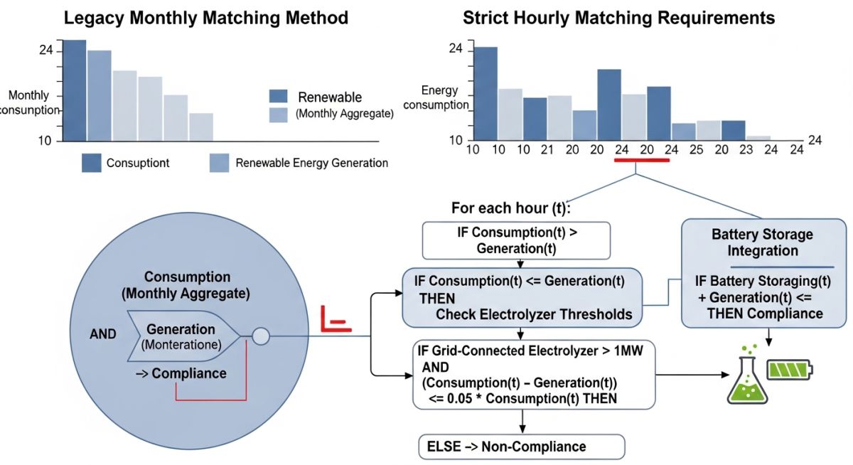 Diagram showing hourly matching between wind farm generation and electrolyzer power consumption