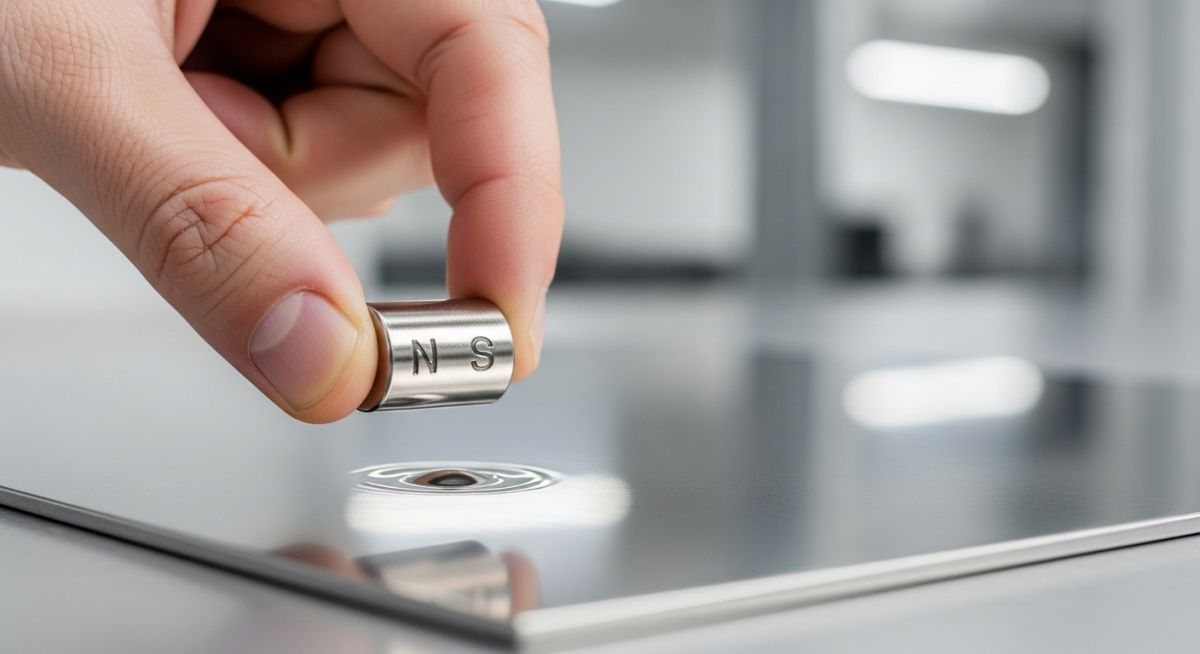 Neodymium magnet being held close to a polished stainless steel surface to test its magnetic properties.