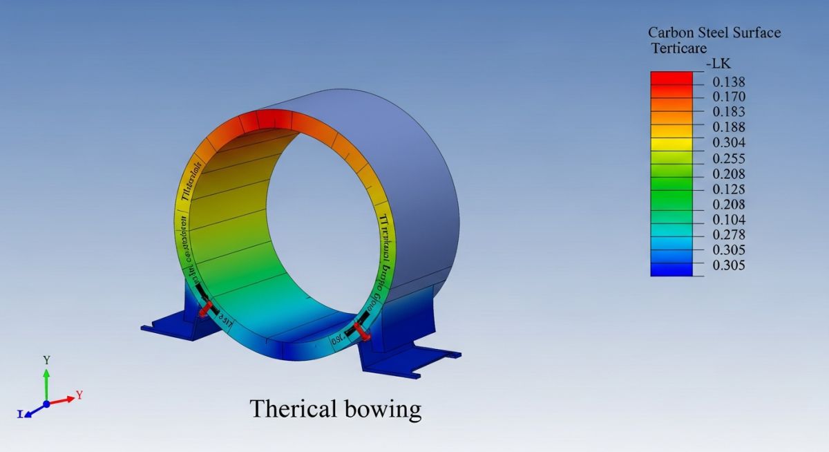 3D engineering visualization of a horizontal pipe experiencing thermal bowing due to a temperature gradient between the top and bottom pipe walls.