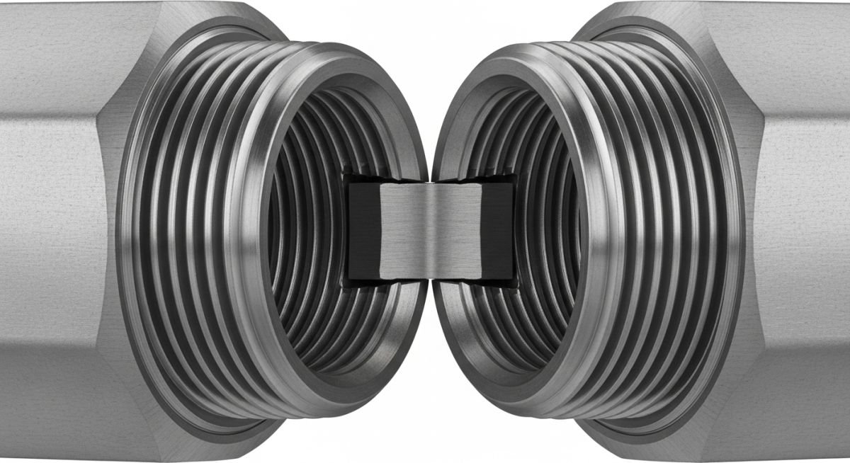 Cross-section view of a carbon steel threaded pipe coupling showing internal threads and central stop mechanism for piping systems.
