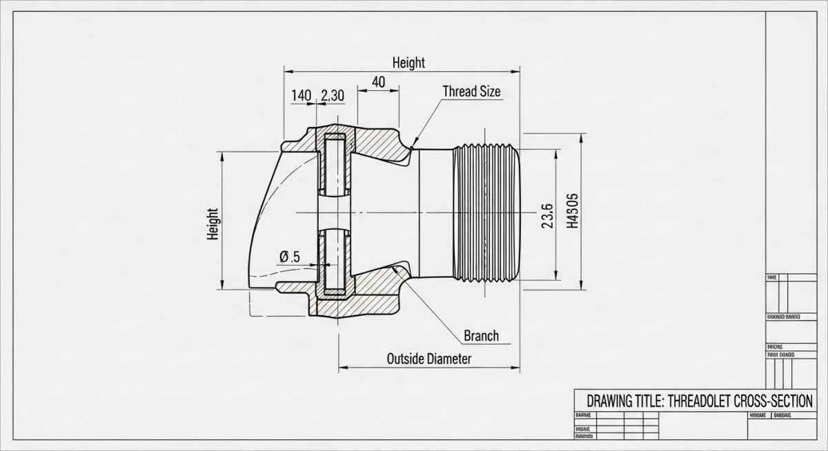 Threadolet fitting dimensions technical drawing showing height, diameter, and thread depth