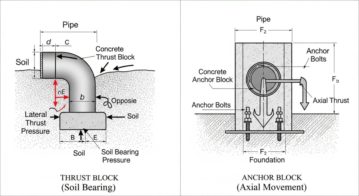 Thrust block vs anchor block engineering diagram