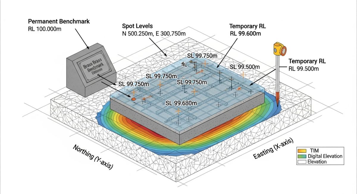 Technical infographic showing the workflow from field survey points to DTM and contour maps.