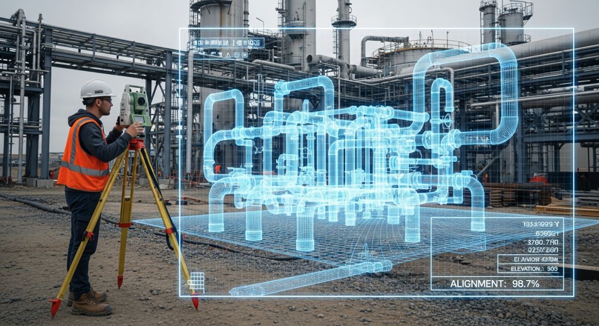 Professional land surveyor using a total station for a topographical survey on a construction site.