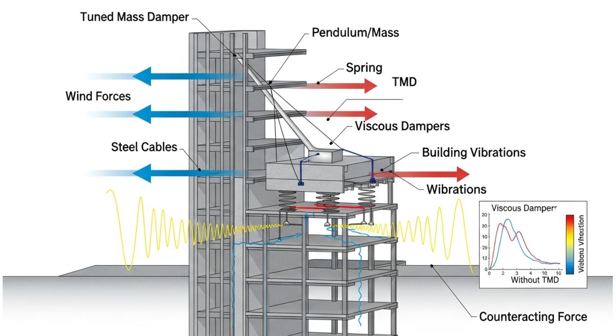 Tuned mass damper mitigation diagram showing frequency response curves