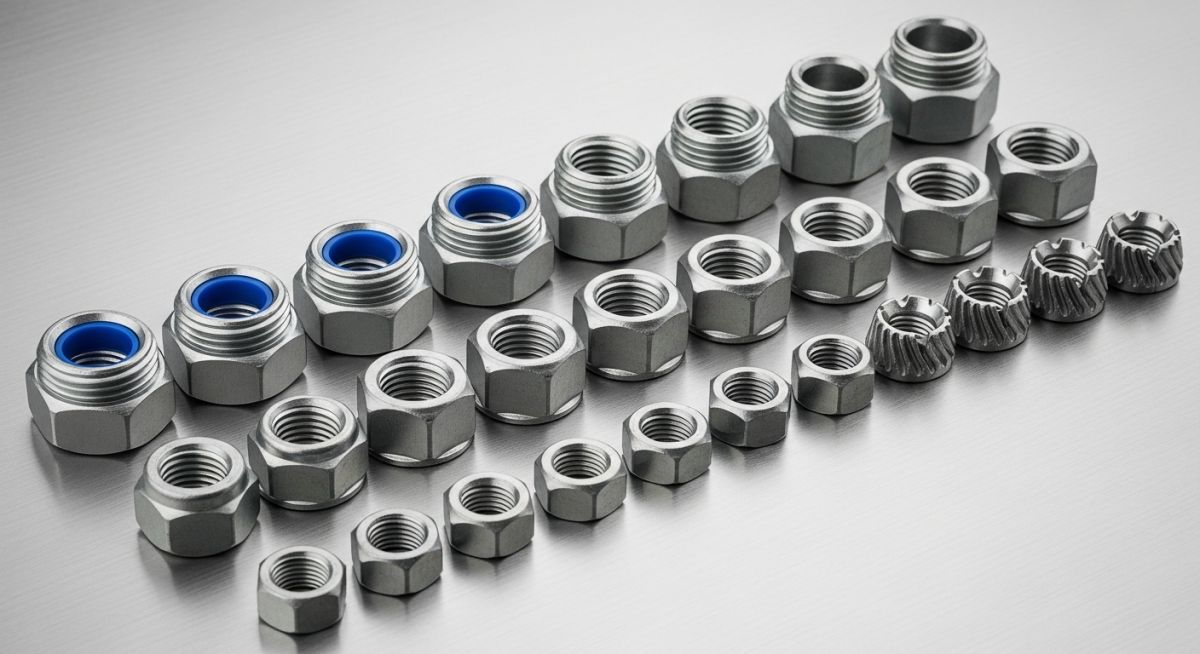 A collection of various types of lock nuts on a metallic background.