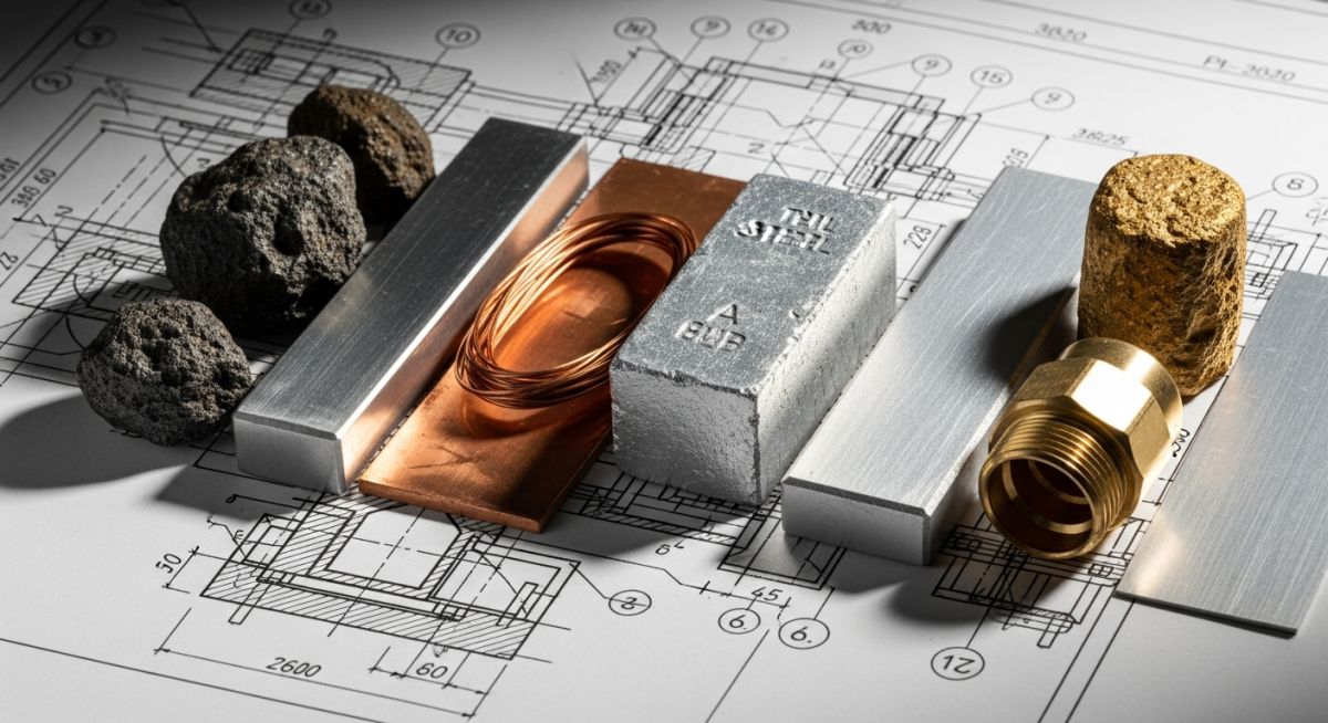 A collection of different types of metals including steel, copper, and brass on a technical drawing.