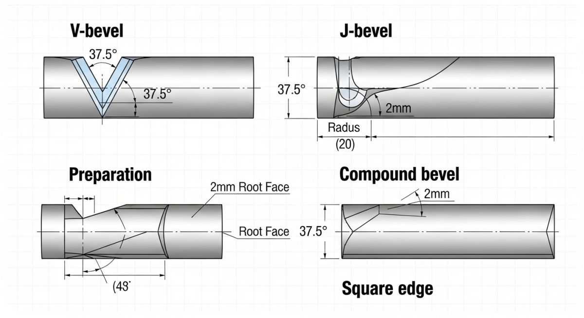 Technical diagram of pipe bevel profiles including V-bevel, J-bevel, U-bevel, and compound bevel geometries