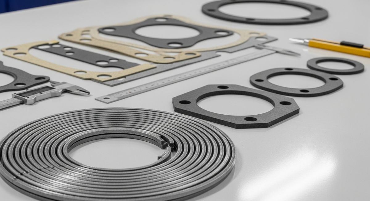 A collection of different industrial pipe flange gaskets on a workbench