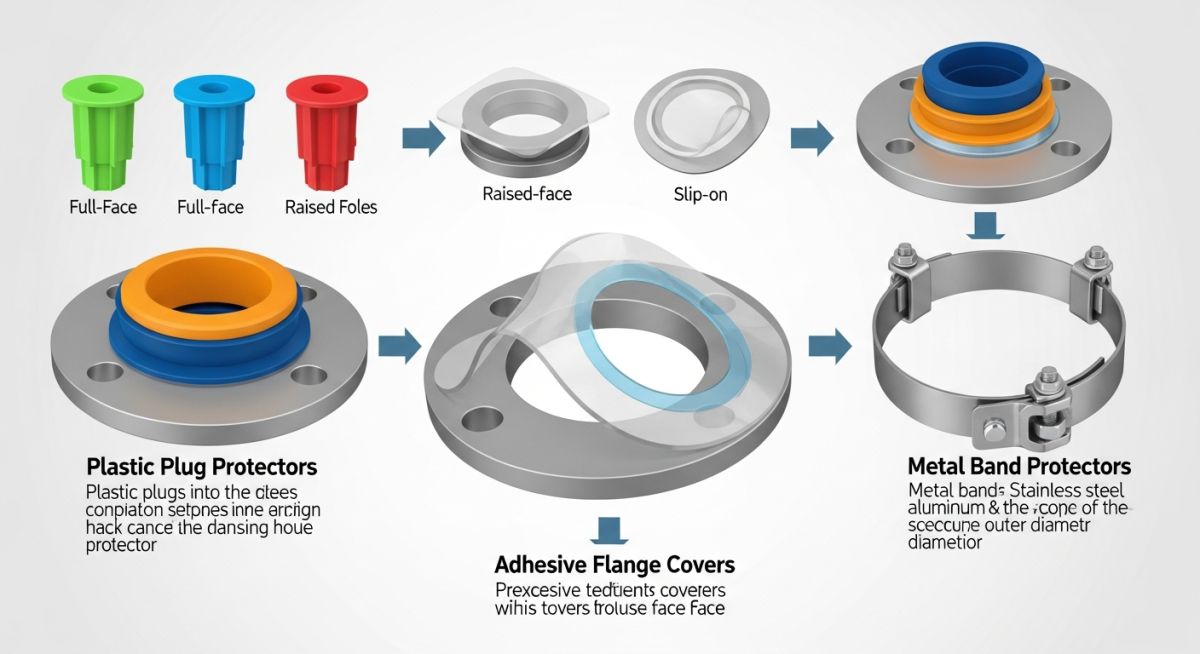 Technical diagram showing different types of pipe flange protectors including full face, plug, and band styles