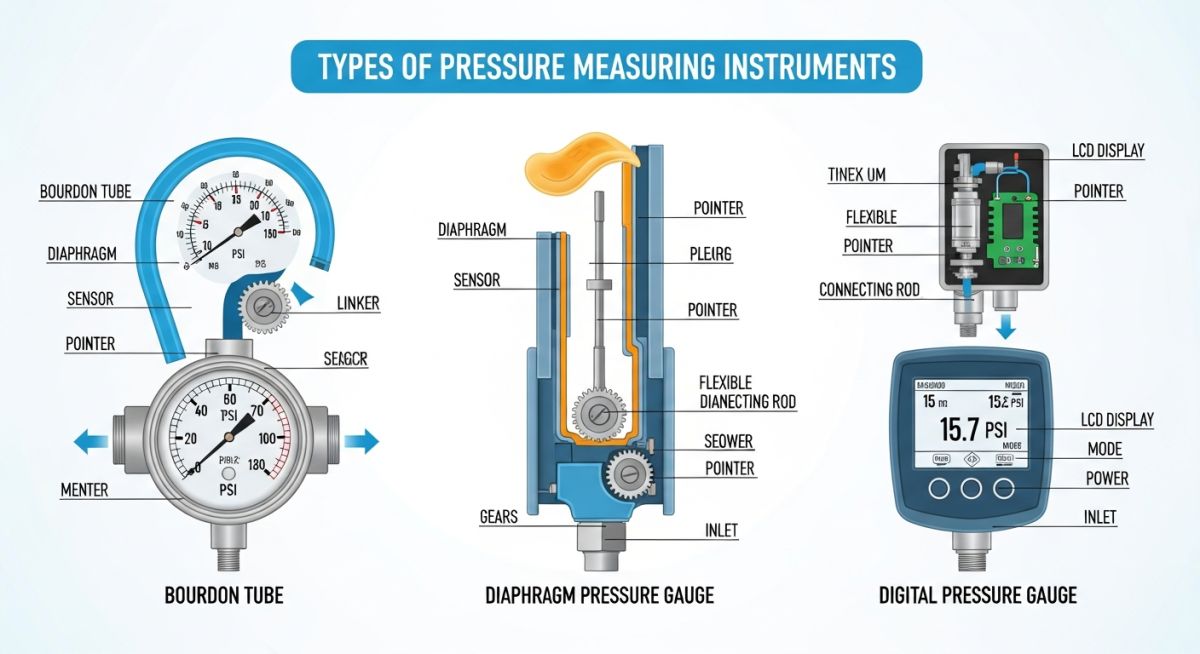 Technical infographic showing different types of pressure measuring instruments