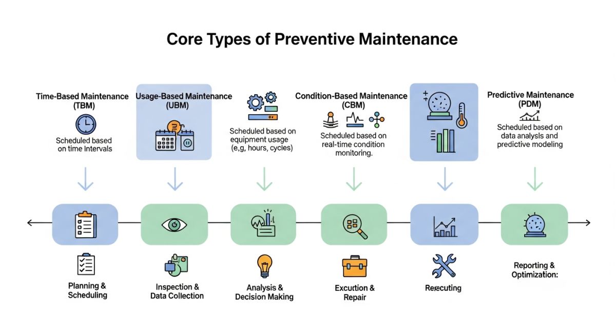 Types of preventive maintenance infographic showing time-based and usage-based workflows