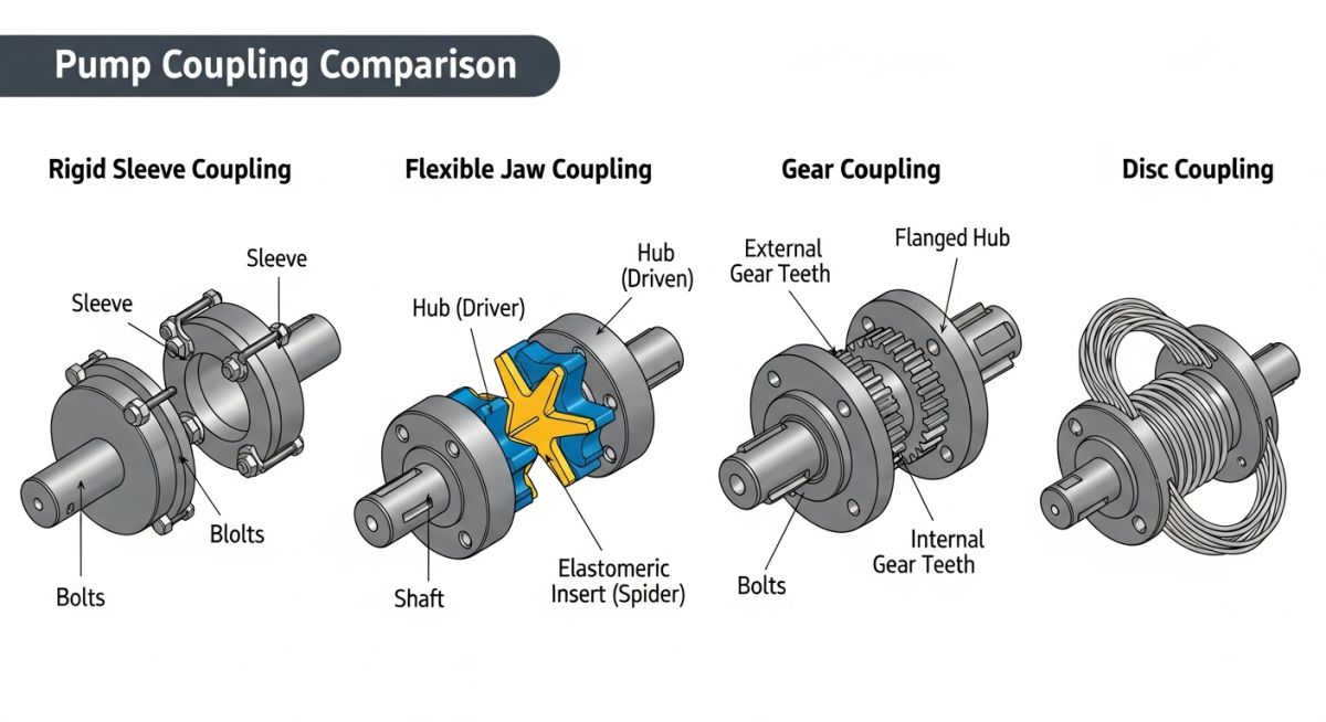 Technical diagram comparing rigid and flexible pump coupling types
