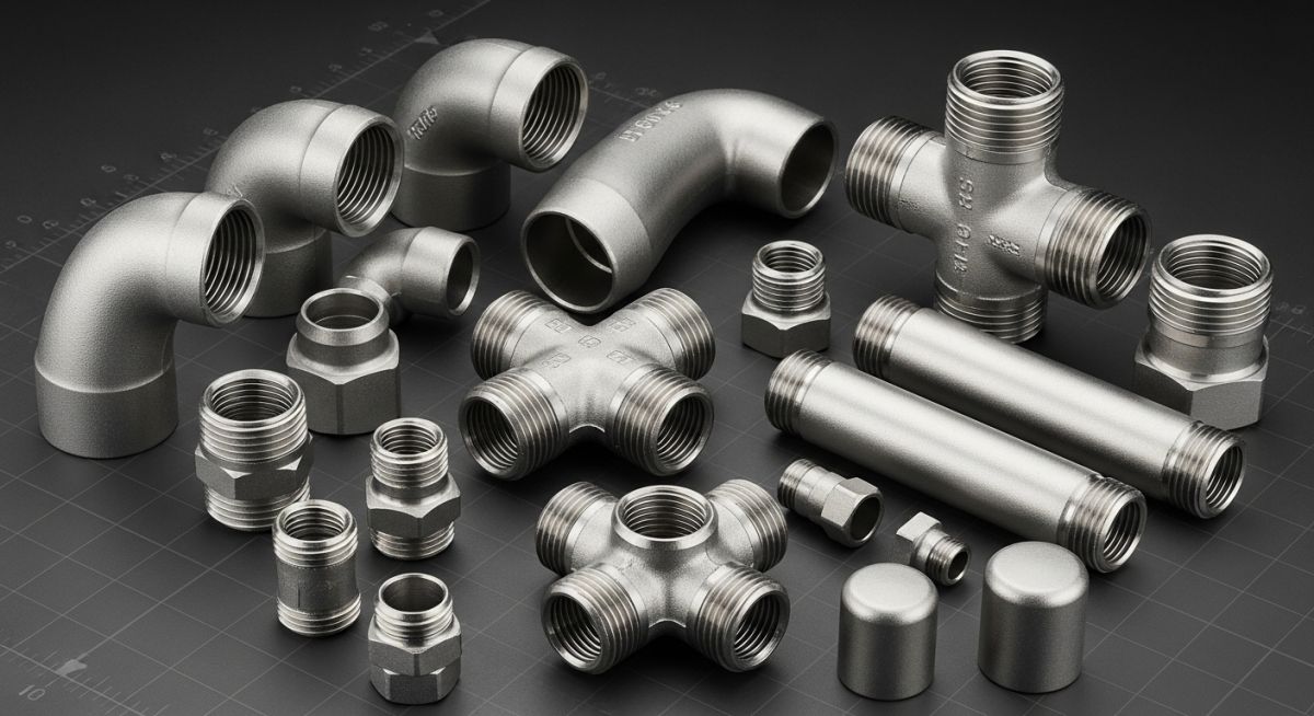An assortment of various stainless steel tube fittings including elbows, tees, and compression connectors.