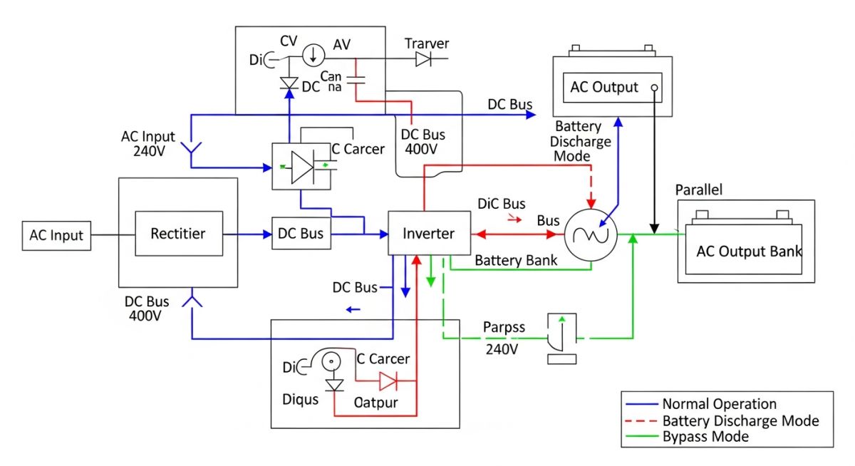 Schematic diagram showing double-conversion UPS topology