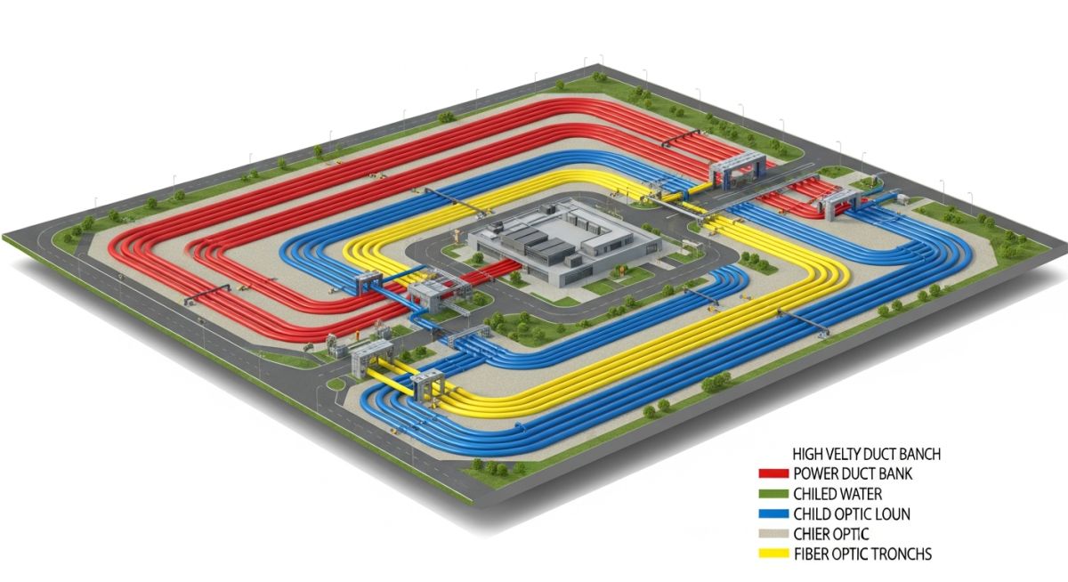Isometric site plan showing Utility Corridor Planning for Data Centres with color-coded power, water, and telecom infrastructure paths.