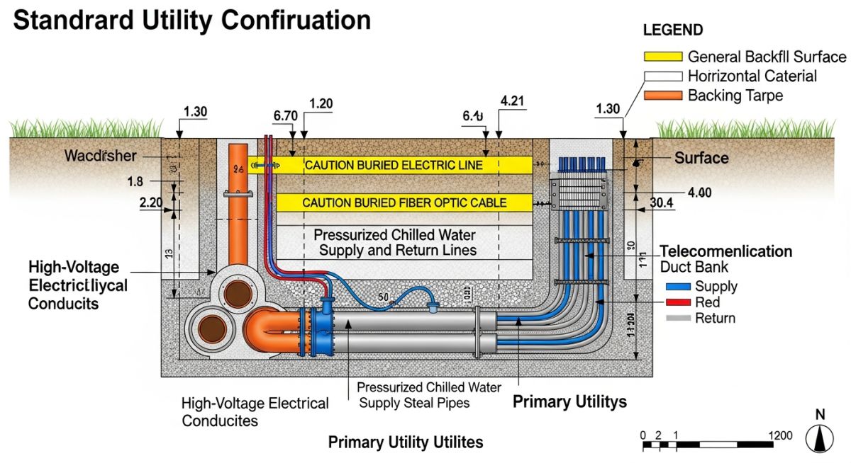 Technical cross-section diagram of a multi-utility trench for data centre infrastructure