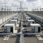 Aerial view of a utility-scale BESS plant showing containerized battery storage units and power conversion systems.