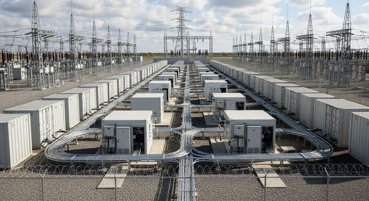 Aerial view of a utility-scale BESS plant showing containerized battery storage units and power conversion systems.