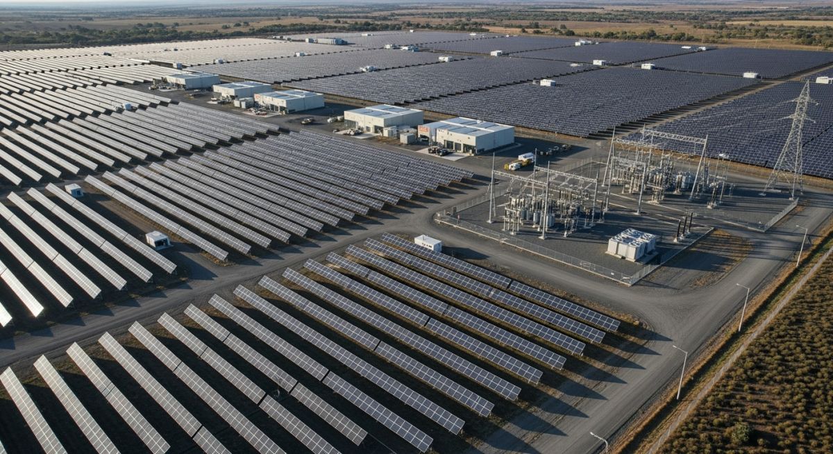 Aerial view of a large-scale utility solar power plant showing PV arrays and substation infrastructure.