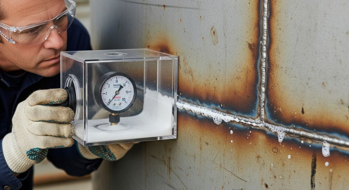 Inspector performing Vacuum Box Testing on a large industrial storage tank butt weld using a calibrated vacuum box and leak detection solution.