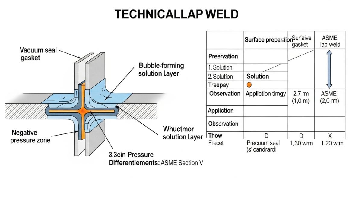 Diagram showing vacuum box placement over a fillet weld with pressure gauge and bubble formation