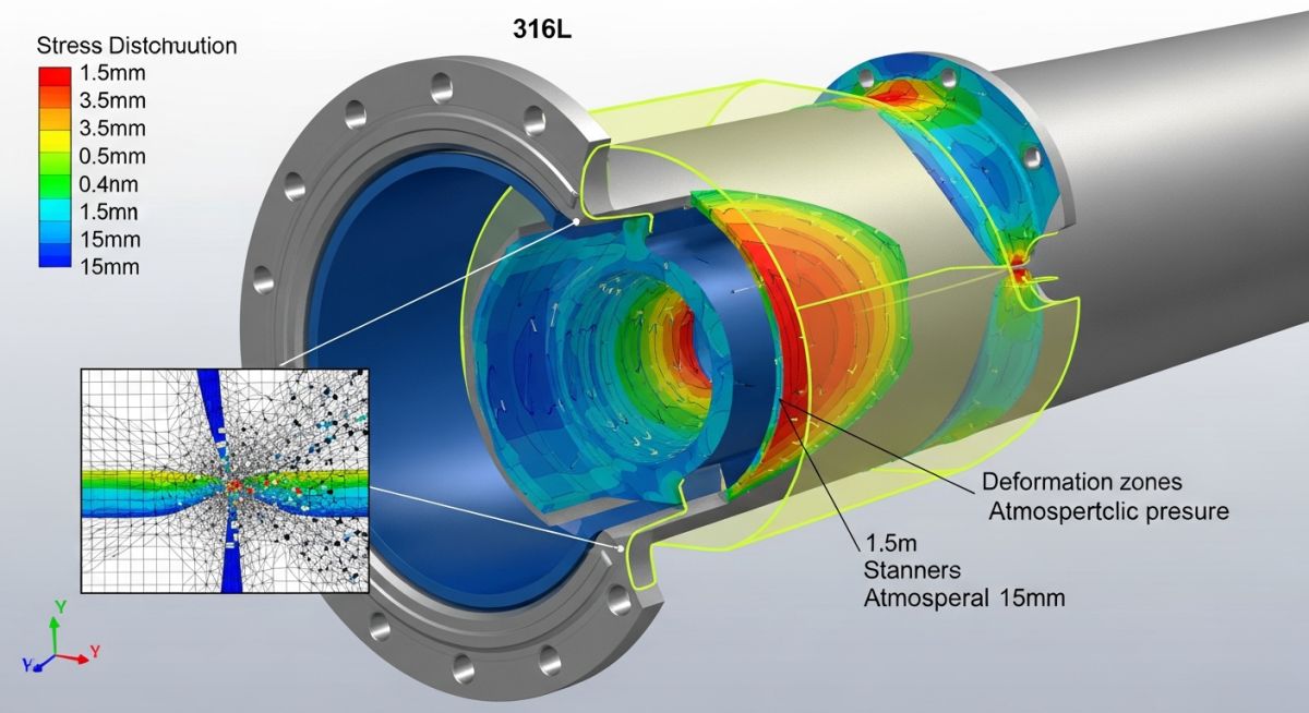 3D engineering visualization of vacuum piping cross-section showing stress concentration points under external atmospheric pressure loads.
