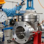 Technician performing a hydrostatic shell test on a large industrial gate valve in a controlled laboratory environment.