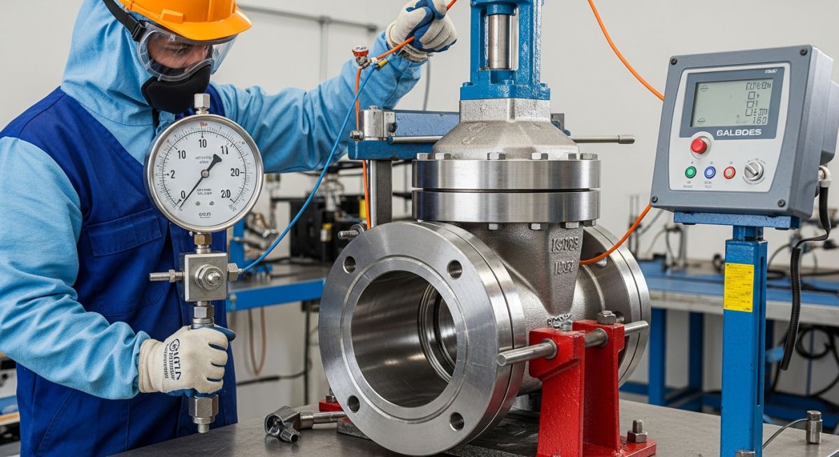 Technician performing a hydrostatic shell test on a large industrial gate valve in a controlled laboratory environment.
