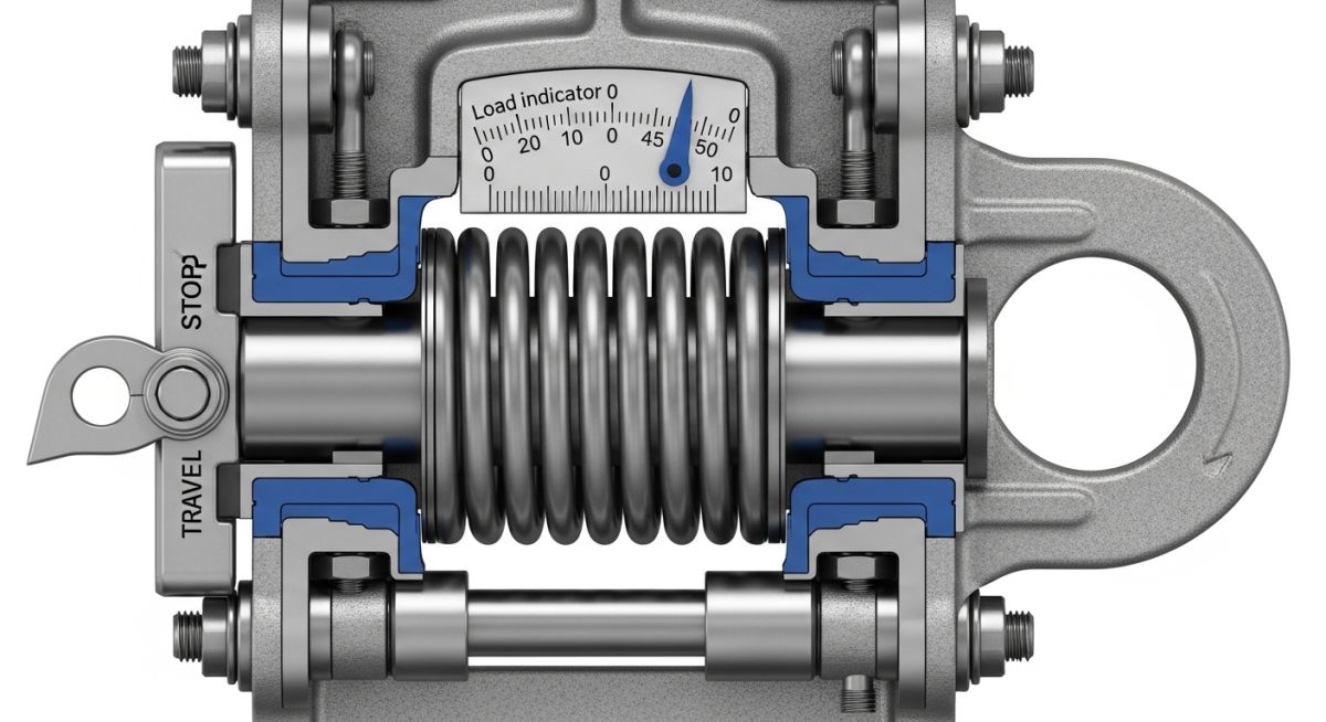 Detailed technical diagram of a variable spring hanger assembly showing load scale and internal spring coil for industrial piping support.