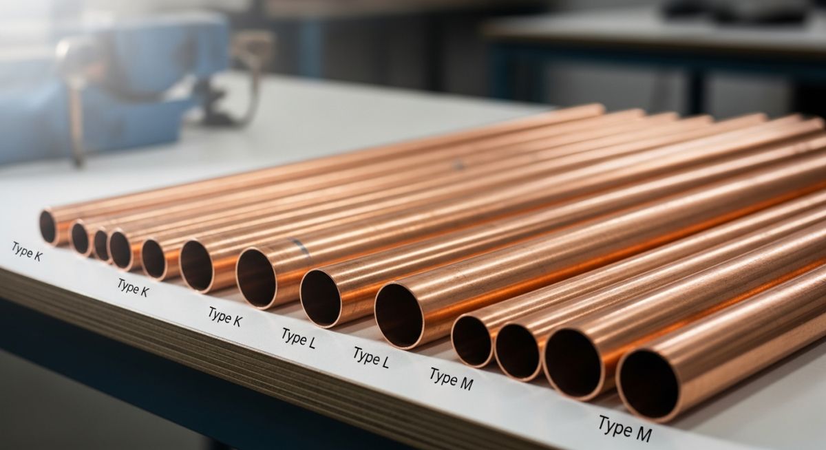A collection of various copper pipes and tubes of different diameters and wall thicknesses arranged on a work surface.