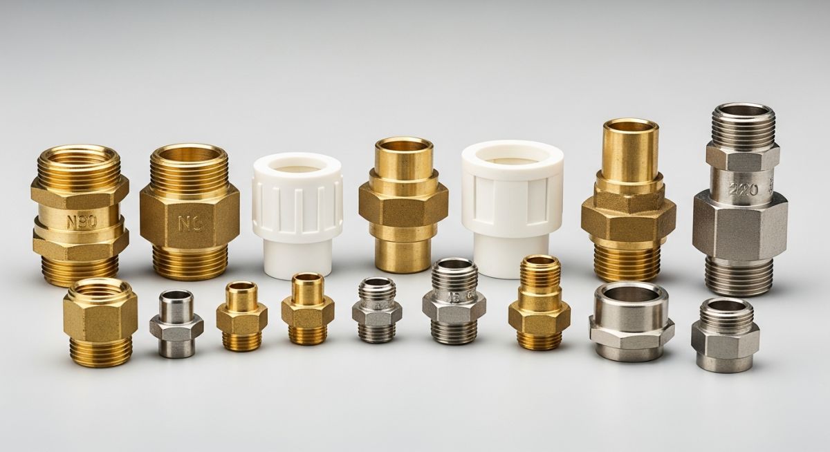 An assortment of industrial pipe adapters in brass, stainless steel, and PVC.