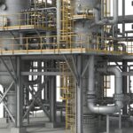 Detailed 3D CAD model of vertical column piping design with platforms and supports.