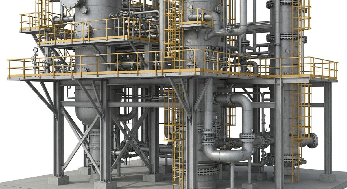 Detailed 3D CAD model of vertical column piping design with platforms and supports.