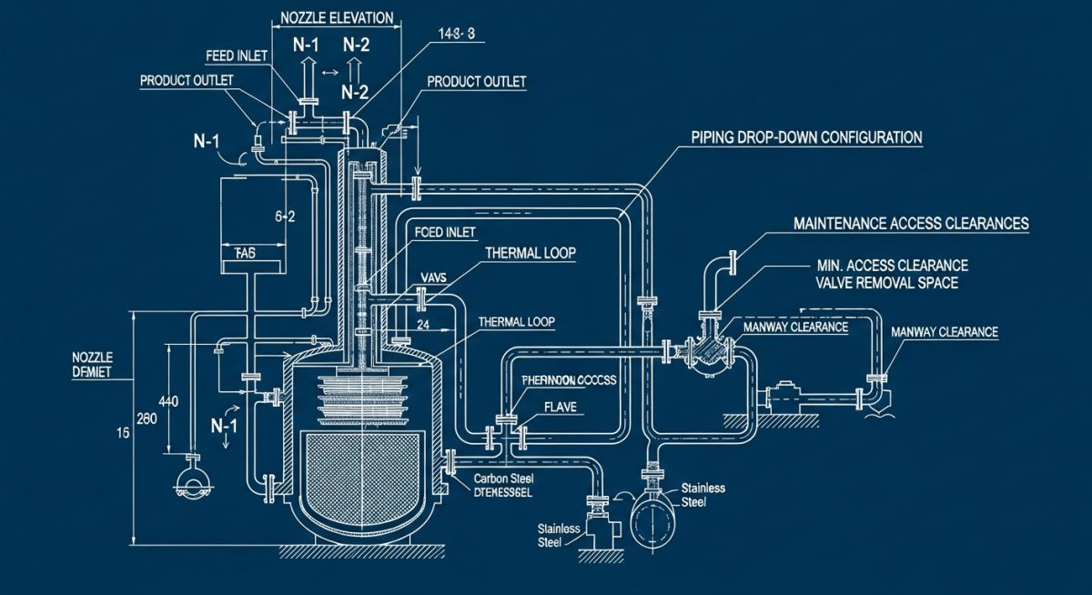 Technical schematic of vertical column piping layout showing thermal expansion loops and guide supports