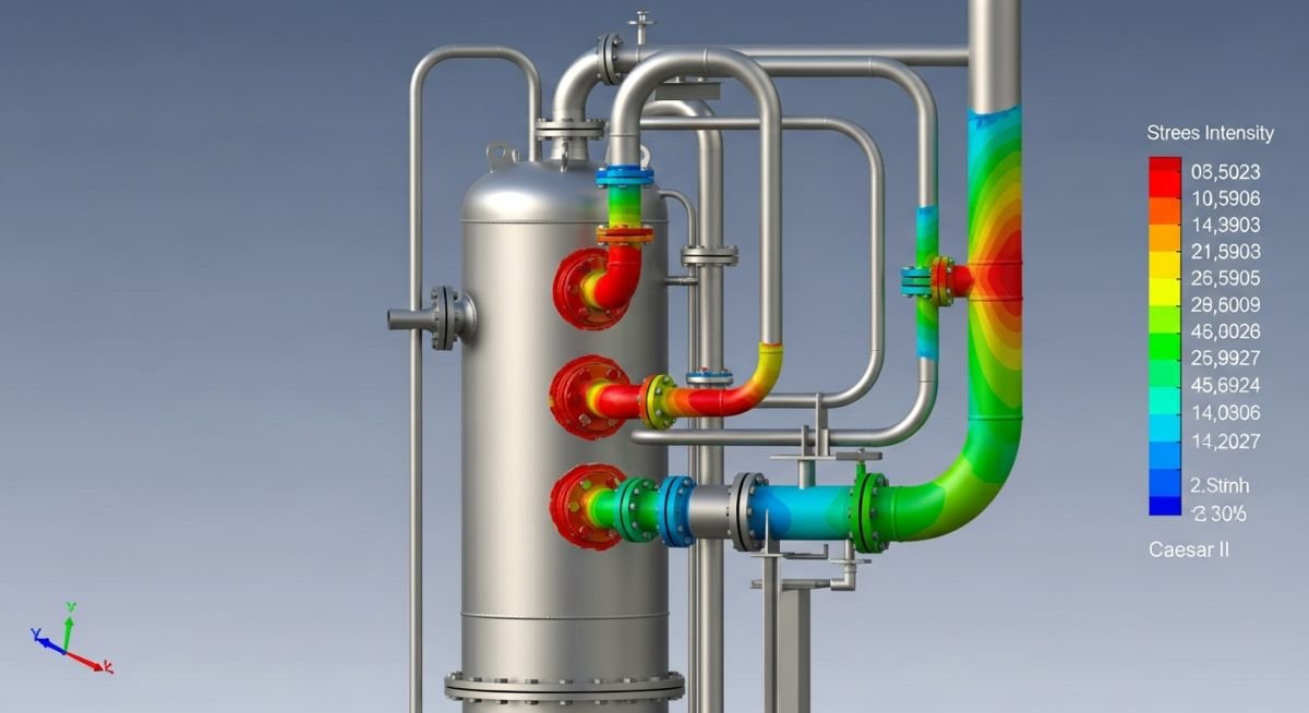3D engineering model of a vertical reboiler with color-coded stress analysis gradients on piping connections.
