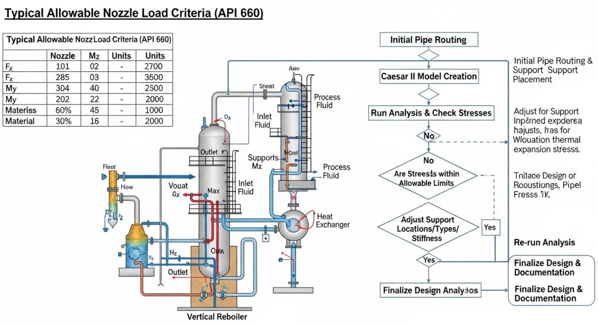 Technical infographic detailing Caesar II modeling steps for vertical reboilers