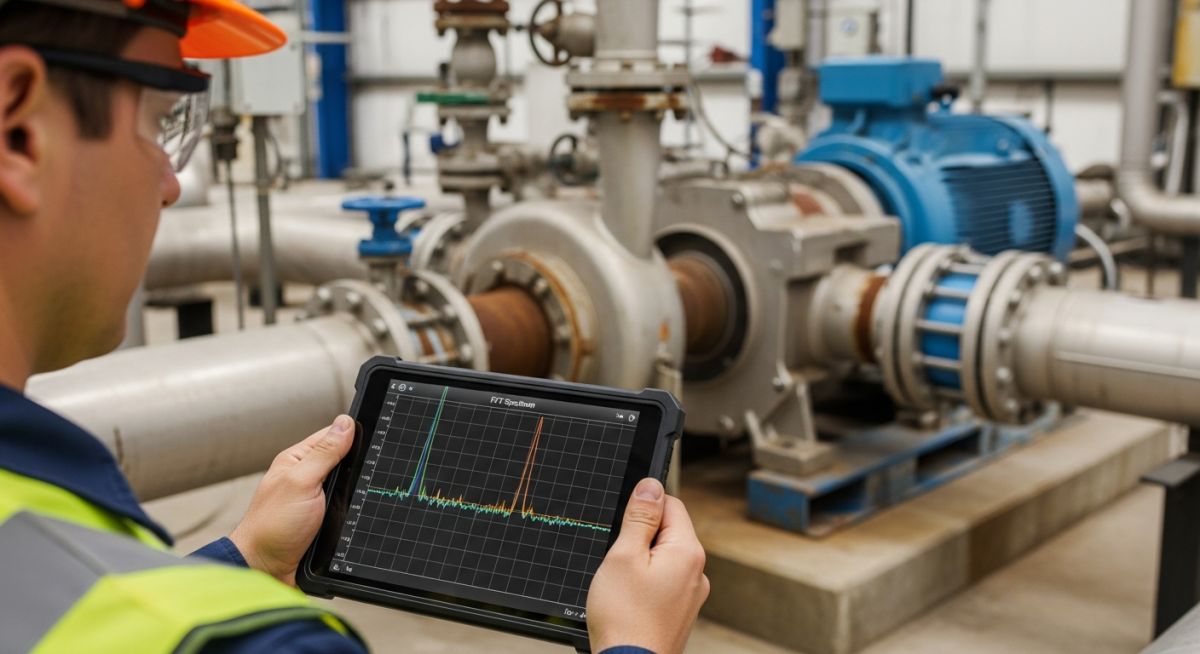 Fast Fourier Transform FFT vibration spectrum analysis displayed on a rugged industrial tablet
