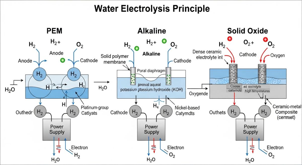 Detailed technical diagram comparing Alkaline, PEM, and Solid Oxide electrolyzer cell configurations and gas separation processes