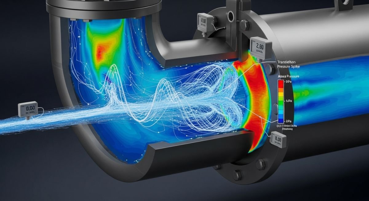 Cross-section of industrial piping showing pressure wave propagation during a water hammer event in a pump discharge line.