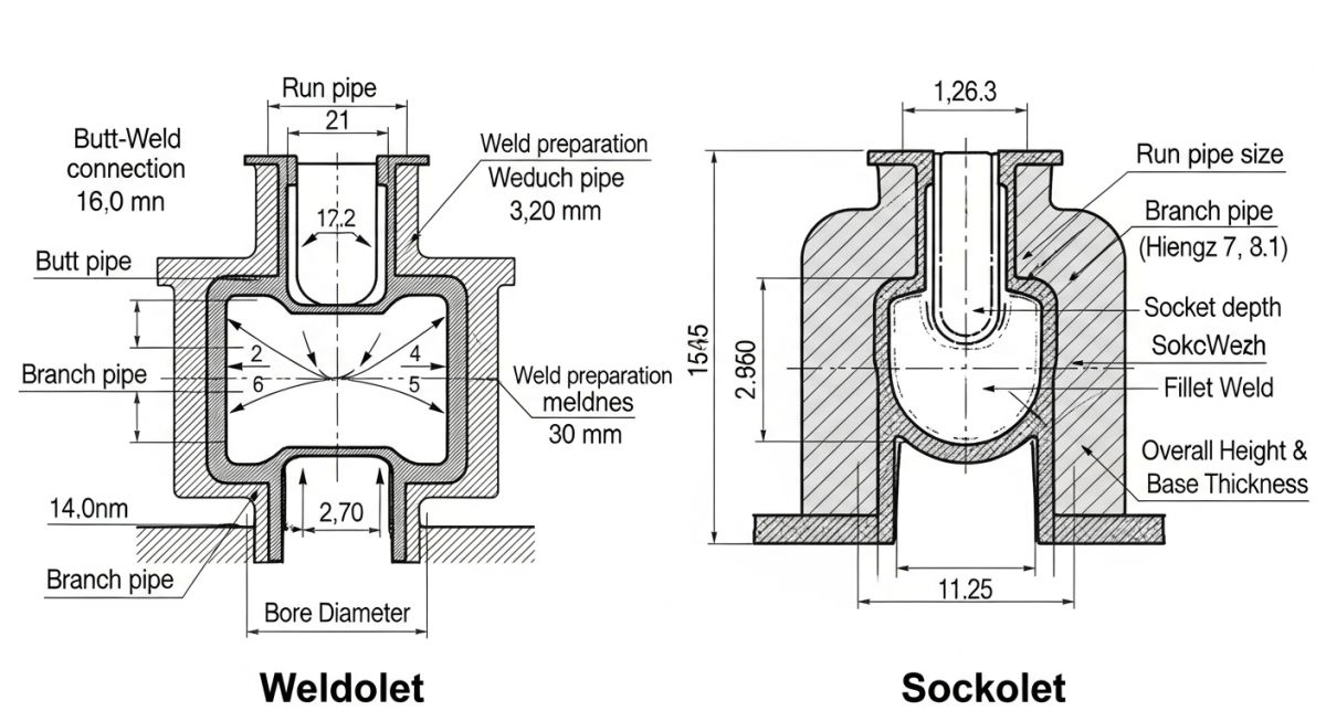 Technical comparison drawing showing dimensions of a weldolet versus a sockolet fitting