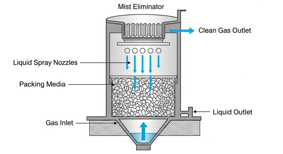 Wet scrubber working principle and fluid dynamics diagram