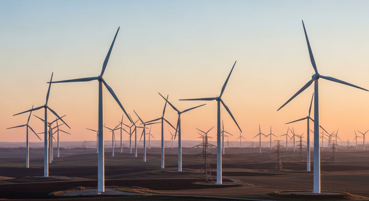 Utility-scale wind farm featuring multiple horizontal axis wind turbines under a clear morning sky, showcasing structural engineering and site layout.