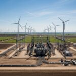Aerial view of a utility-scale wind farm showing turbine arrays, underground collector cable routes, and a central step-up substation.