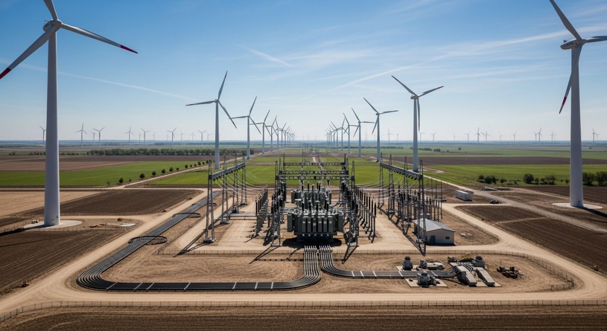 Aerial view of a utility-scale wind farm showing turbine arrays, underground collector cable routes, and a central step-up substation.