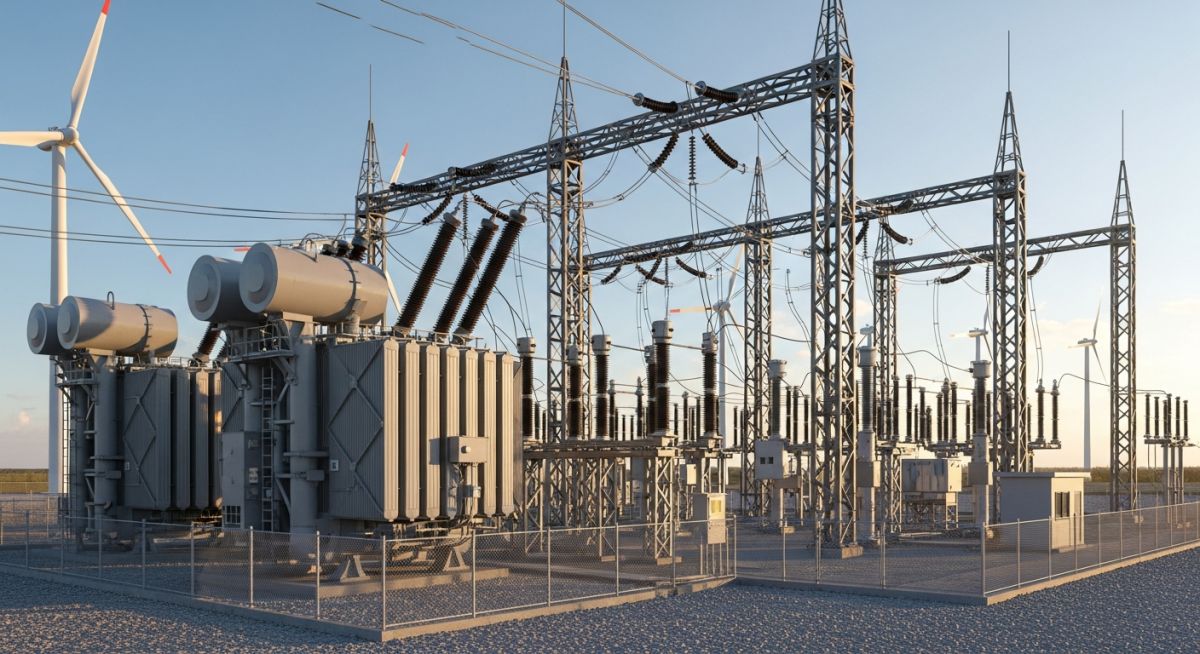 Technical view of a wind farm substation connecting wind turbines to the high-voltage electrical transmission grid.