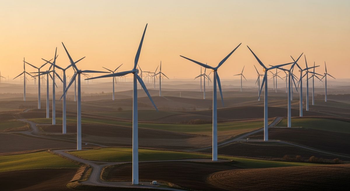 Utility-scale wind power plant with multiple turbines in a field at sunset, representing Wind Power Plant Economics and infrastructure.