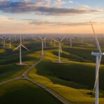 Aerial view of a large-scale wind farm showing precise turbine spacing and layout design on hilly terrain for maximum energy production.