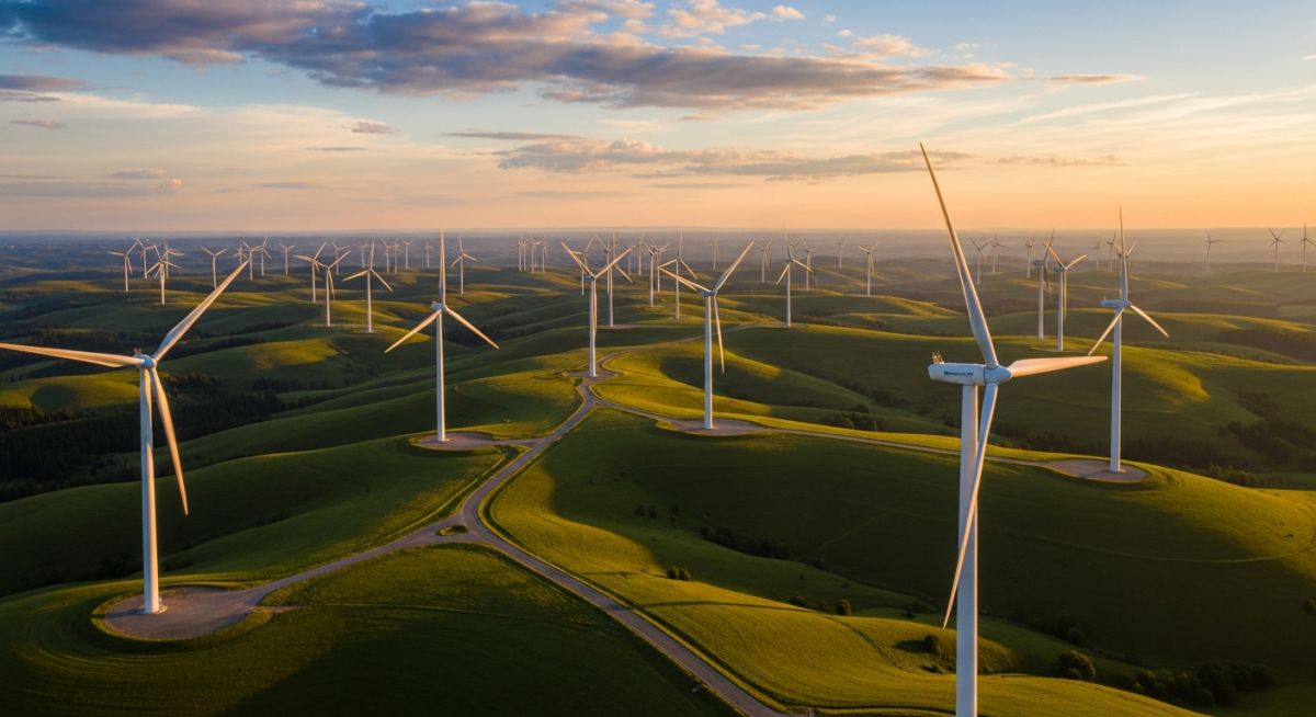 Aerial view of a large-scale wind farm showing precise turbine spacing and layout design on hilly terrain for maximum energy production.